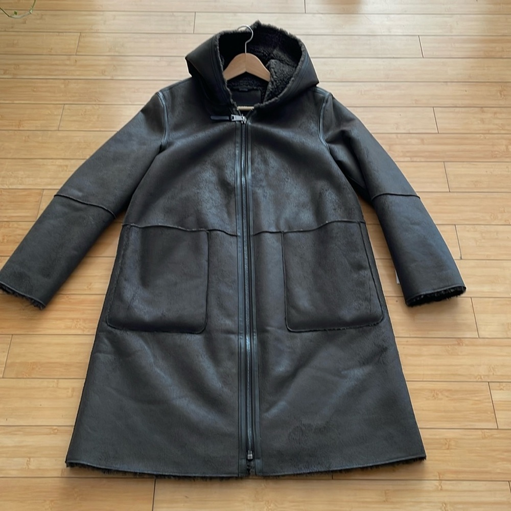 NWT Faux Fur lining Suede DKNY Hooded Winter Women Longline Coats Size M